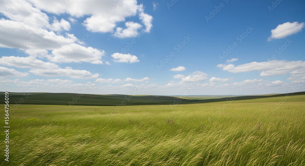 Obraz premium Green rolling hills and tall grass under blue sky with clouds