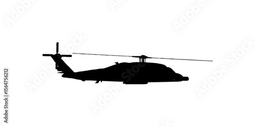 Silhouette of a helicopter with rotating blades against a white background.