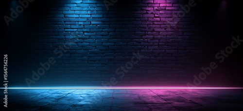 Dark brick wall illuminated by vibrant blue and pink neon lights on a textured floor