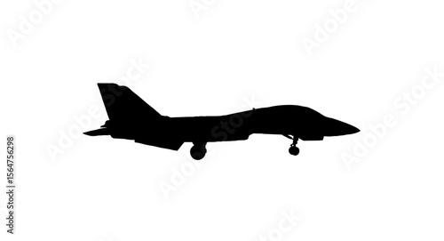 A black silhouette of a fighter jet, poised for takeoff or landing.