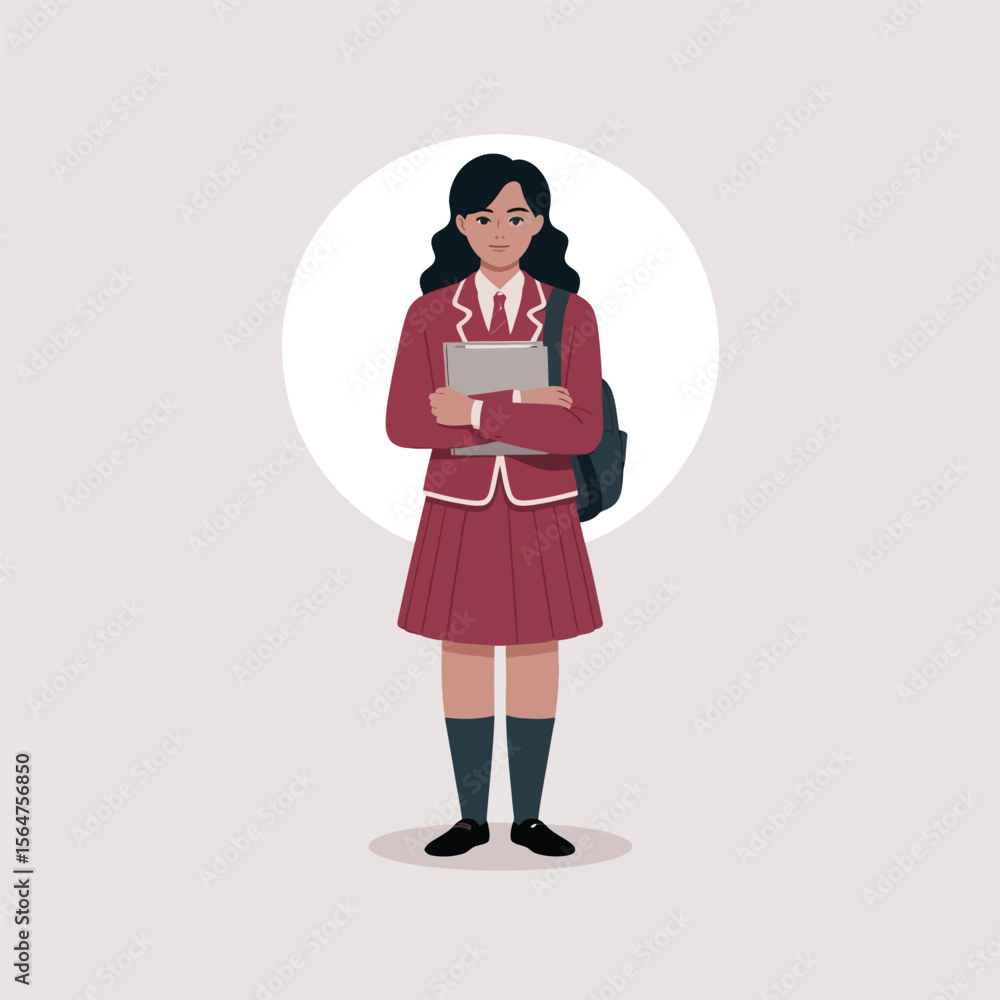 Girl Student Red Uniform Holding Books Backpack Illustration school Girl Student Red Uniform Holding Books Backpack Illustration school