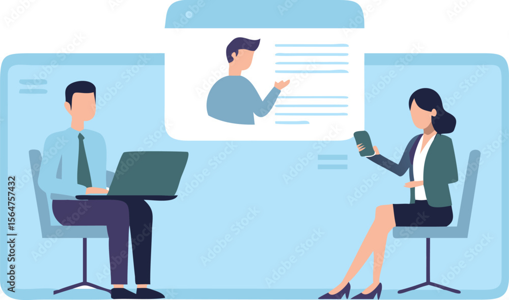 Illustration of two people in a video conference call with a man presenting on a screen in between them Illustration of two people in a video conference call with a man presenting on a screen in between them