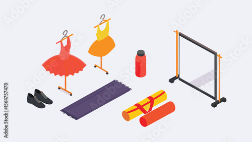 Isometric view of dresses on stands, yoga mats, water bottle, shoes and clothing rack display