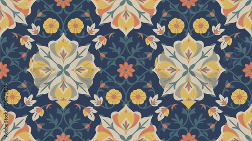 Elegant floral seamless pattern featuring intricate designs on a blue backdrop, ideal for textiles, wallpapers, and artistic backgrounds.