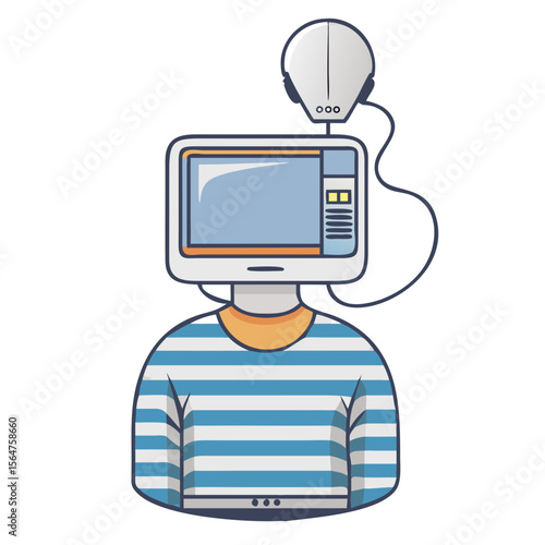 Person with TV Head and Headphones Icon: Media Addiction and Digital Information Overload