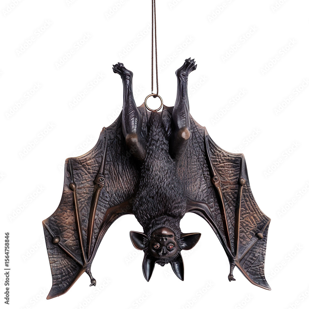 Fototapeta premium Picture a studio quality image featuring an intricately detailed vampire bat ornament hanging upside down, its wings spread wide against a stark white background