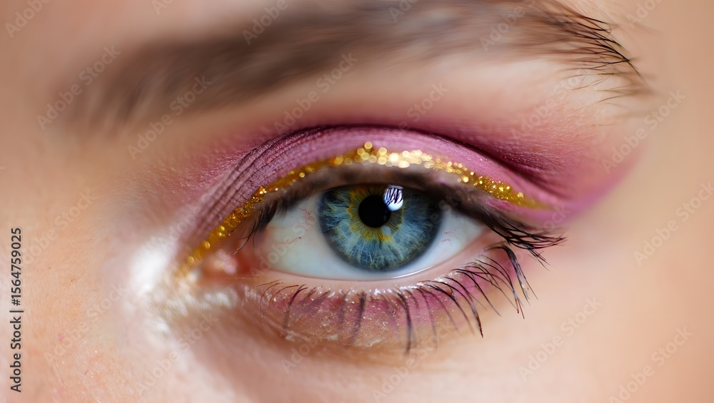 Obraz premium Close up of eye with pink eyeshadow and gold glitter eyeliner beauty makeup tutorial