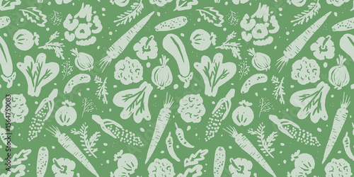 Fresh vegetables illustration with a green background featuring various types of produce and herbs in a seamless pattern