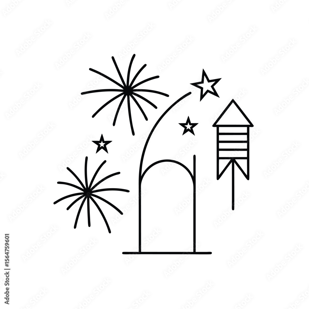 Naklejka premium Festive fireworks and rockets line art design for celebratory events and new year occasions