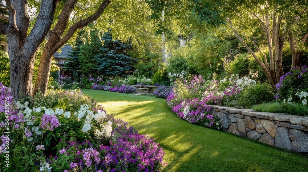 Obraz premium Central lawn surrounded by manicured flower beds and stone border edging