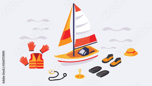 Illustration of a sailboat with safety equipment including gloves and life vest on a white background