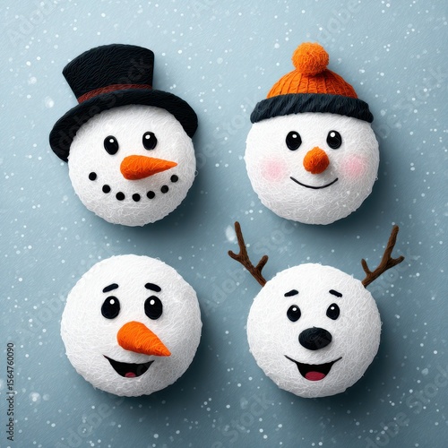 Wallpaper Mural Creative snowman decorations showcasing various cheerful expressions on a snowy background Torontodigital.ca