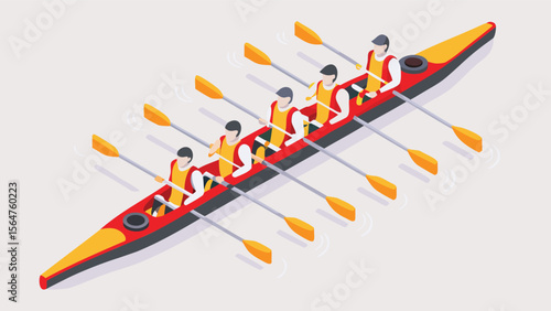 Isometric view of a rowing team in a red and yellow boat with oars on a white background scene