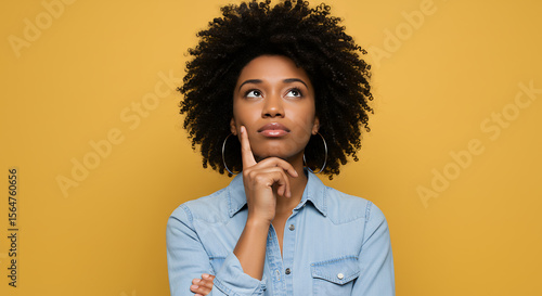 Pensive Woman: Beautiful Black Woman Thinking Deeply - Portrait with Afro Hair and Denim Shirt on Yellow Background