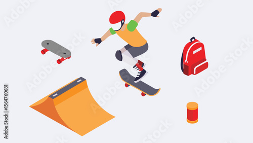 Isometric view of a skateboarder performing a trick with ramp and equipment on light background