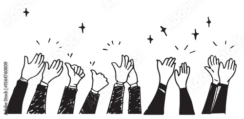 Hand drawn of hands clapping ovation. applause, thumbs up gesture on doodle style , vector illustration 