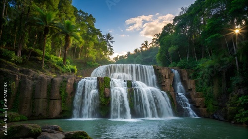 Scenic tropical waterfall in lush green forest at sunset
