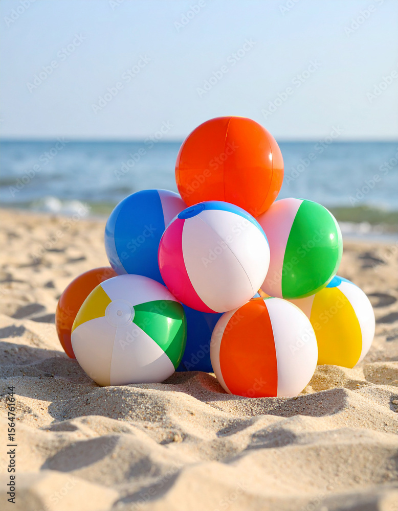 Obraz premium Colorful beach balls resting on the white sand, with the turquoise sea in the background and a clear sky. Cheerful and carefree summer scene, symbol of fun, vacation and outdoor games by the sea.