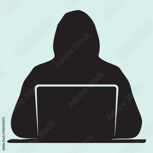 Masked Hacker Using Laptop Dark Web Silhouette Design
