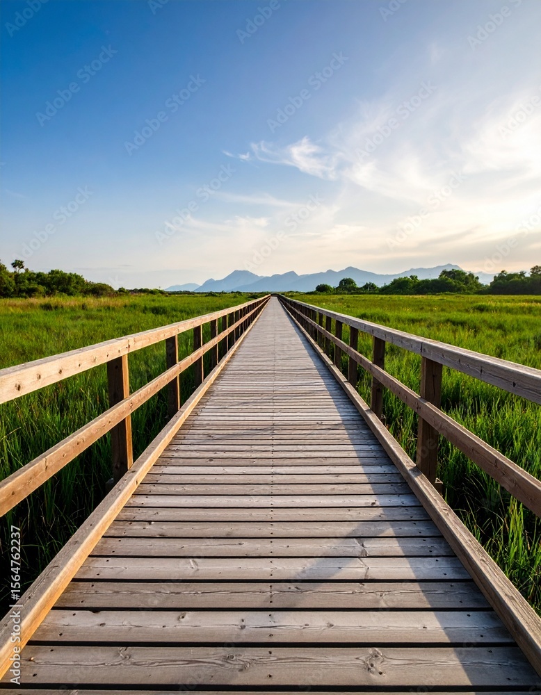 Fototapeta premium Serene Wooden Walkway Leading to Mountains Scenic Pathway Nature Trail.