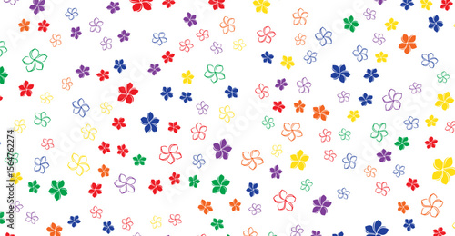 A vibrant scattering of stylized rainbow flowers creates a lighthearted and colorful pattern against a stark white background, suggesting themes of nature, happiness, and joyful springtime bloom