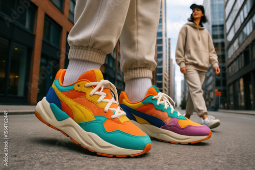 Model showing puma rs-connect drip sneakers walking in city street