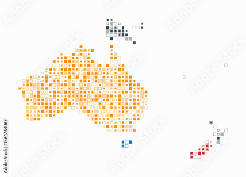Oceania, shape of the continent build of colored cells. Digital style map of the Oceania on white background. Small size square blocks. Trending vector illustration.