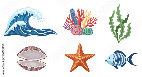 Vibrant Ocean Life  A Collection of Underwater Illustrations Featuring Waves, Coral Reefs, Seaweed, Shells, Starfish, and Fish