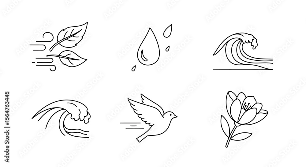 Fototapeta premium Elegant Line Art Icons Nature's Elements - Wind, Water, and Flowers