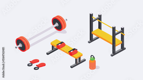 Isometric view of gym equipment including barbell bench press and water bottle on a white background