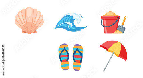 Summer Vacation Essentials Seashells, Ocean Waves, Beach Toys, Flip-Flops, and Beach Umbrella Icons