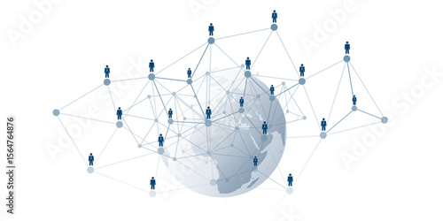 Concept illustration of a global social or business network. Stylized human figures are interconnected by lines and nodes. World map background, symbolizing worldwide collaboration and communication