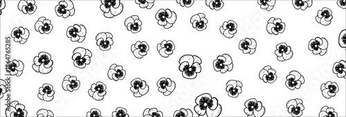 Elegant black and white floral pattern featuring hand-drawn pansies scattered across a clean white backdrop, ideal for adding a touch of botanical charm to various creative projects and designs