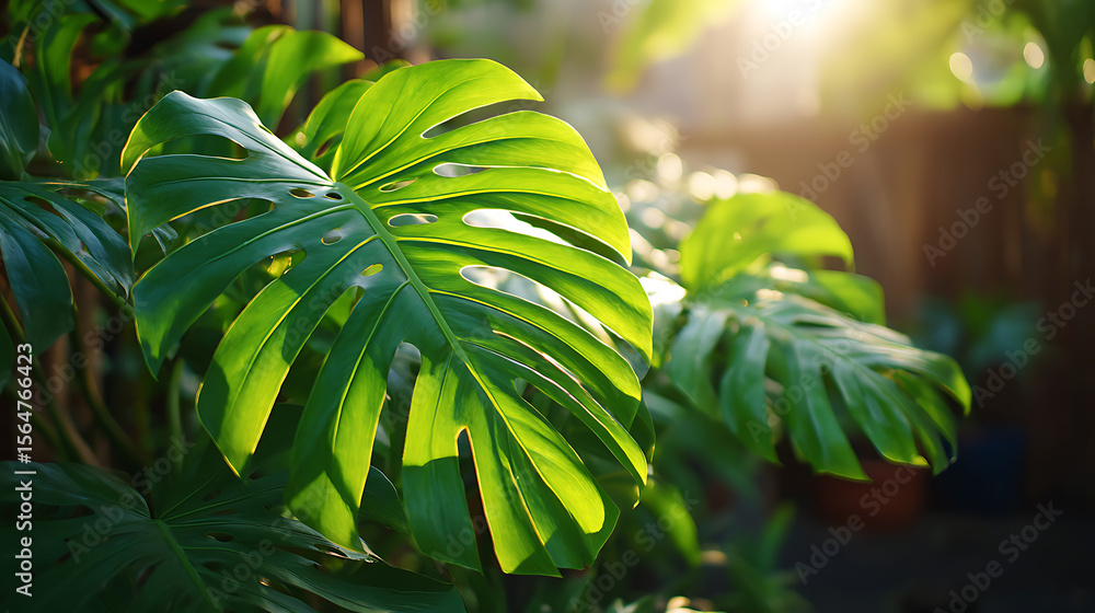 Obraz premium Lush Monstera leaves in soft sunlight, tropical greenery thriving in nature's embrace