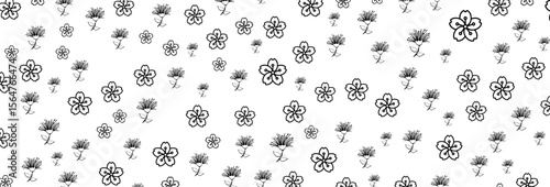 Elegant monochrome pattern of hand-drawn stylized cherry blossoms and spiky aster-like flowers on a pristine white background, creating a delicate yet striking floral design with simplistic charm
