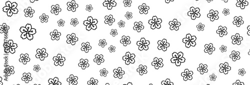 Seamless pattern of black outlined cherry blossoms scattered across a crisp white background, creating a simplistic and elegant floral design ideal for a variety of creative projects and applications.