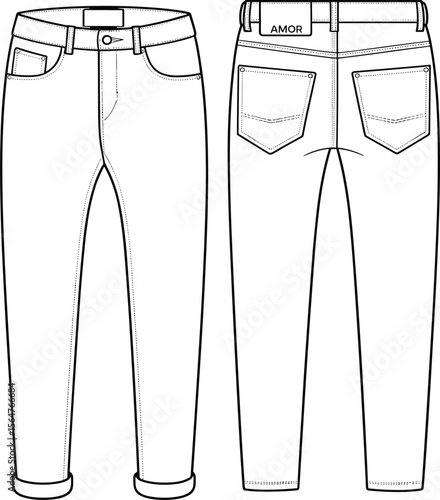CAD drawing of jeans, flat vector sketch, front and back view, technical fashion illustration, detailed denim pants design, apparel template