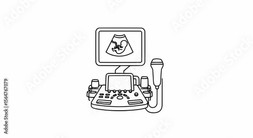 Illustration of an ultrasound machine displaying a fetus image on its screen in black and white