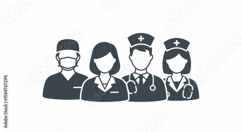 Illustration of four medical professionals including doctors and nurses in uniform attire