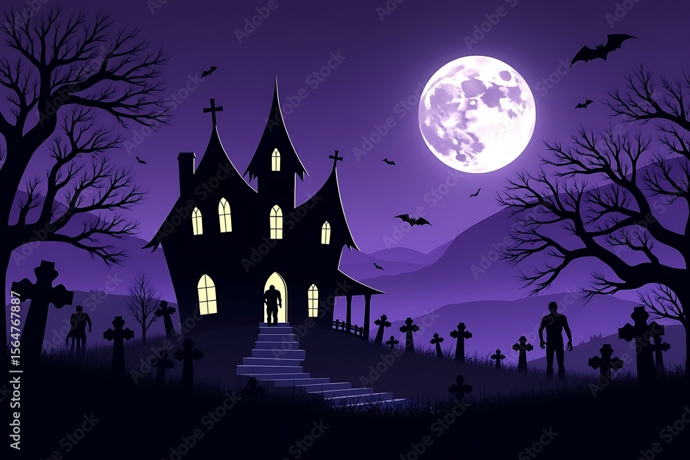 Spooky haunted mansion with full moon and graveyard at night halloween haunted house Spooky haunted mansion with full moon and graveyard at night halloween haunted house