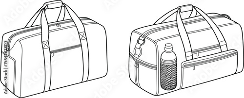 Gym duffel bag technical sketch, sports bag CAD drawing, flat vector illustration, travel accessory design, outline diagram, bag concept art