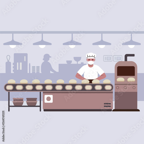 Baker in Industrial Bakery Placing Dough on Conveyor Belt vector