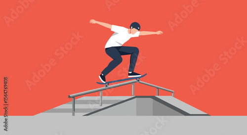 A young skateboarder in a white t-shirt and blue pants is performing a trick on a rail in a skatepark, showcasing skill and athleticism against a red background.