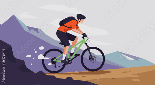 Fit cyclist in helmet and sportswear rides a mountain bike downhill on a dirt trail amidst rocky terrain and distant mountains.