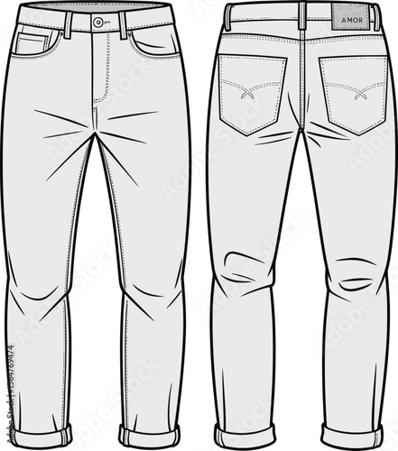 Men’s jeans technical flat sketch, front and back view, cuffed hem, denim pants vector drawing, fashion design, pocket detail