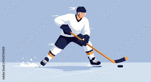 A dynamic vector illustration showcases a hockey player in action, skillfully maneuvering the puck with speed and precision on a light blue ice rink backdrop.