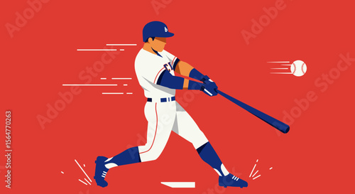 A dynamic flat illustration depicts a baseball player in action, powerfully swinging his bat to hit the ball against a vibrant red background.