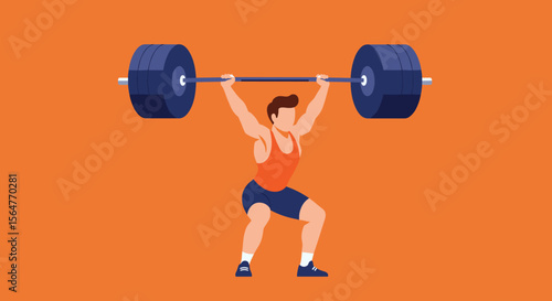 A strong male athlete performs a clean and jerk weightlifting exercise against a vibrant orange background, showcasing strength and fitness.