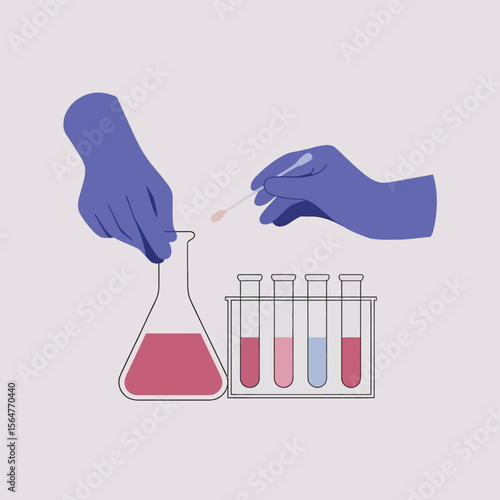 Gloved Hands Performing Medical Test With Flask And Test Tubes vector