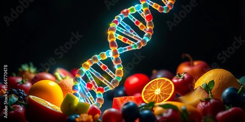 Glowing DNA helix formed from vibrant superfoods, encircled by luminous fruits,   vegetables,   science
